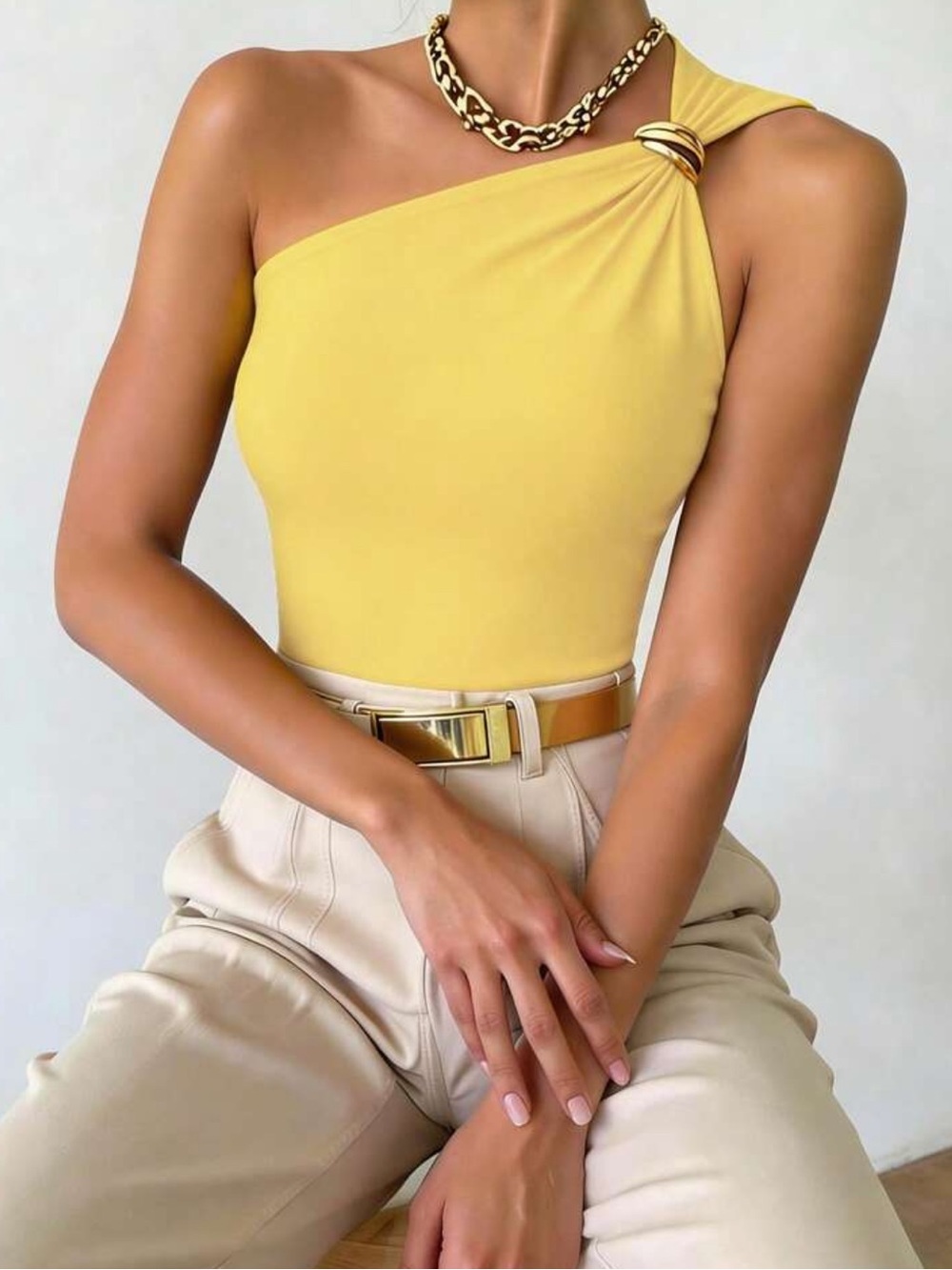 One-Shoulder Yellow  Tank Top with Gold Accent